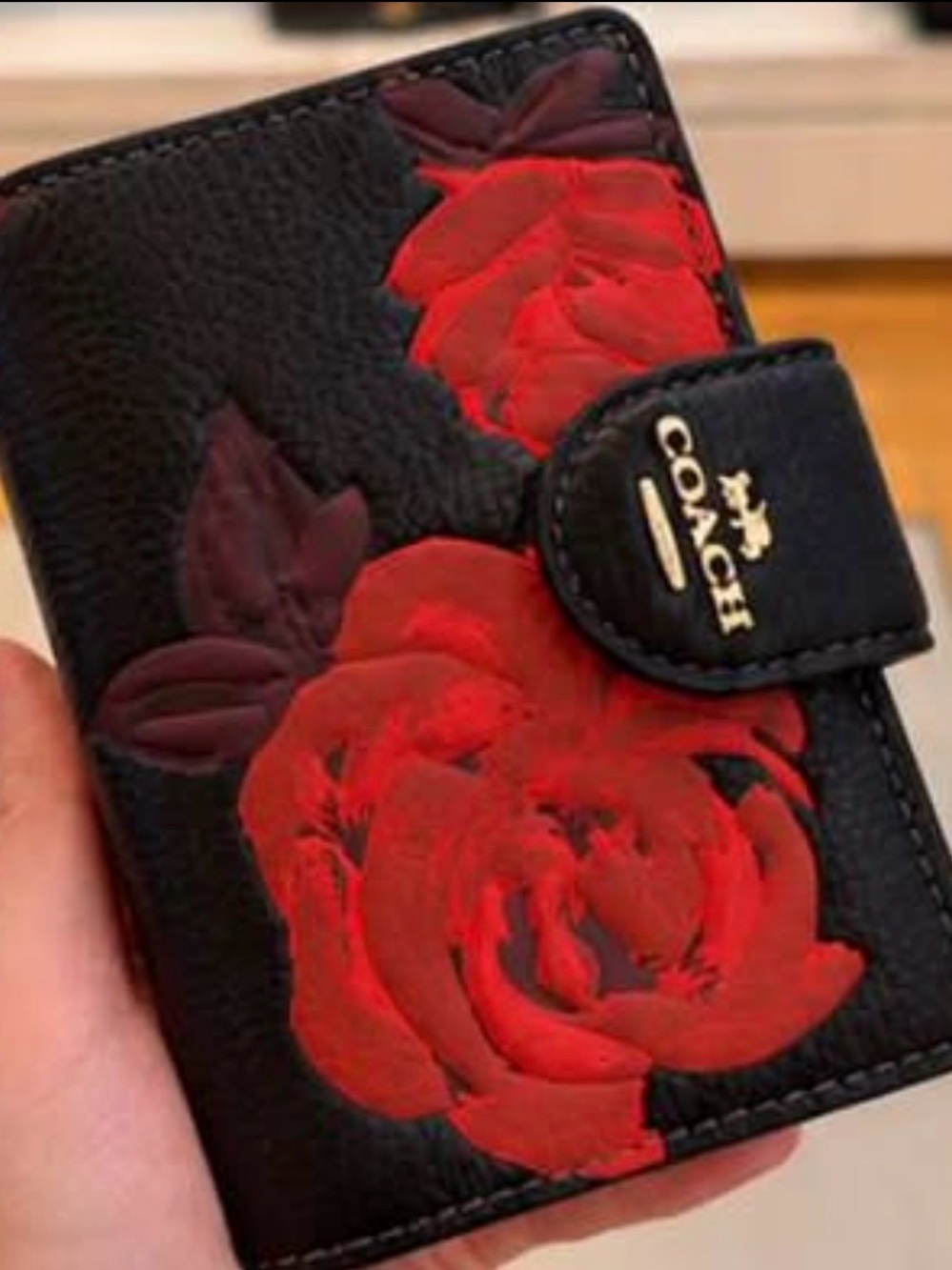 COACH Black Leather Wallet with Red Rose Print